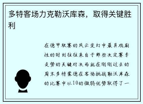 多特客场力克勒沃库森，取得关键胜利