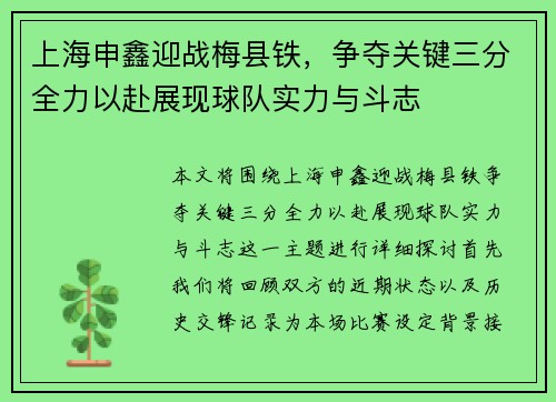 上海申鑫迎战梅县铁，争夺关键三分全力以赴展现球队实力与斗志