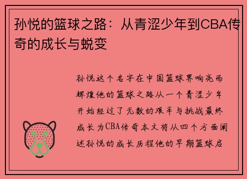孙悦的篮球之路：从青涩少年到CBA传奇的成长与蜕变