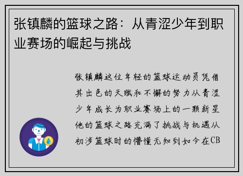 张镇麟的篮球之路：从青涩少年到职业赛场的崛起与挑战